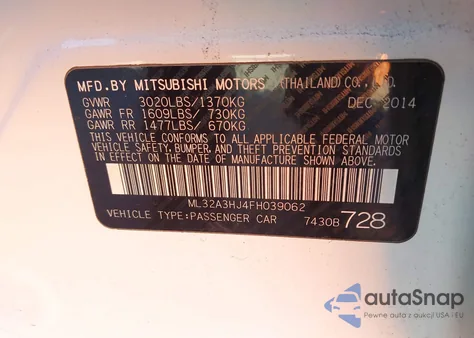 2015 Mitsubishi Mirage De from USA, damaged, VIN ML32A3HJ4FH039062